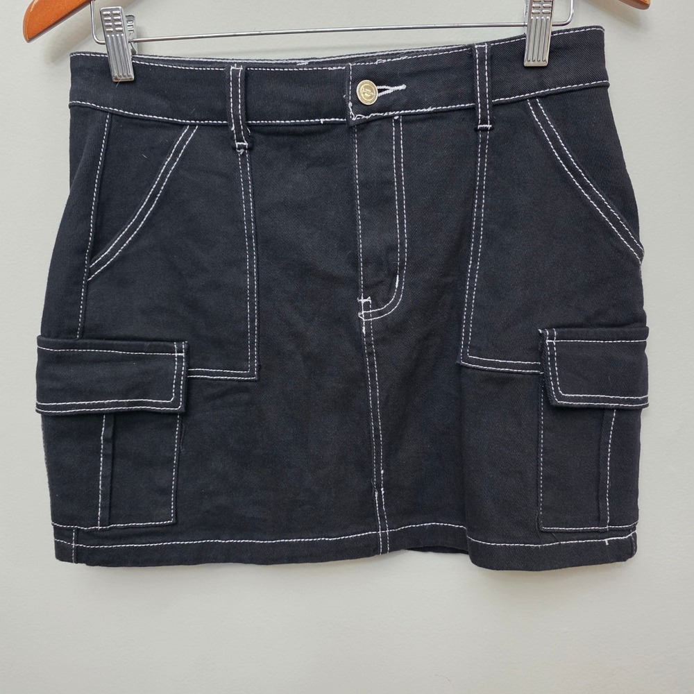 Kreamy Cargo Denim Mini Skirt Womens L Black Contrast Stitch Utility Streetwear